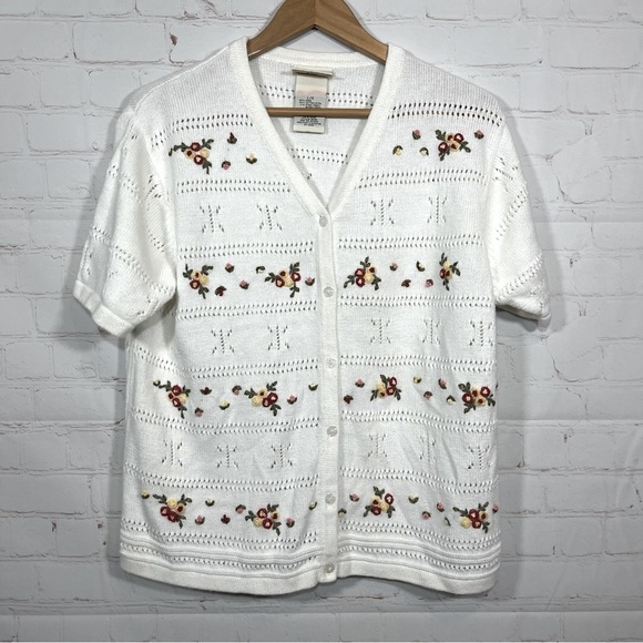 Vintage Northern Reflections Floral Cardigan Womens Large White Granny 3D - Picture 1 of 13